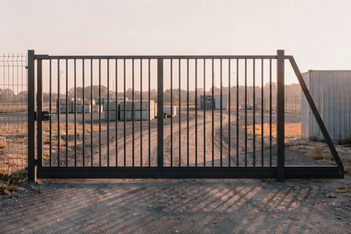 Portail autoportant en acier industriel avec barreaudage éco gris anthracite