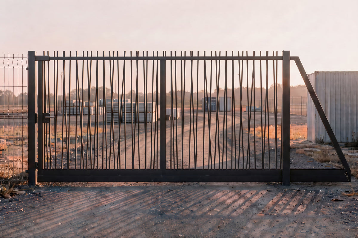 Portail autoportant en acier industriel avec barreaudage canisse gris anthracite