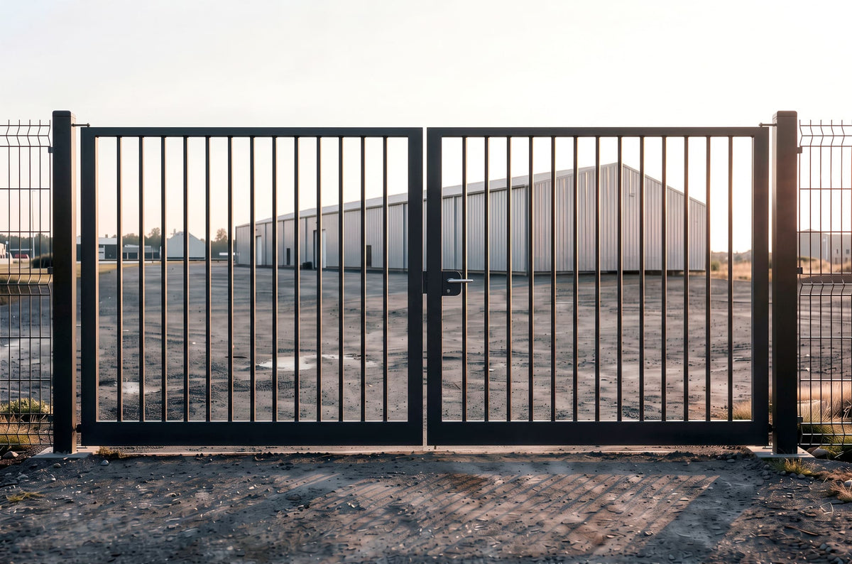 Portail battant en acier industriel avec barreaudage rond gris anthracite
