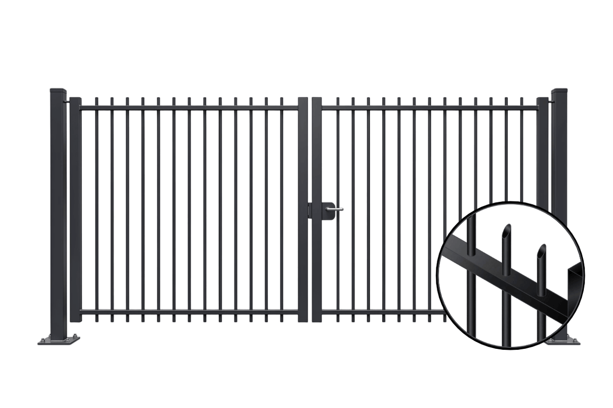 Portail battant en acier industriel avec barreaudage biseauté gris anthracite
