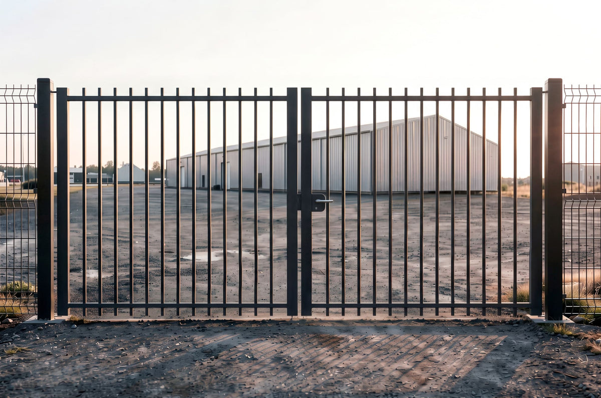 Portail battant en acier industriel avec barreaudage biseauté gris anthracite