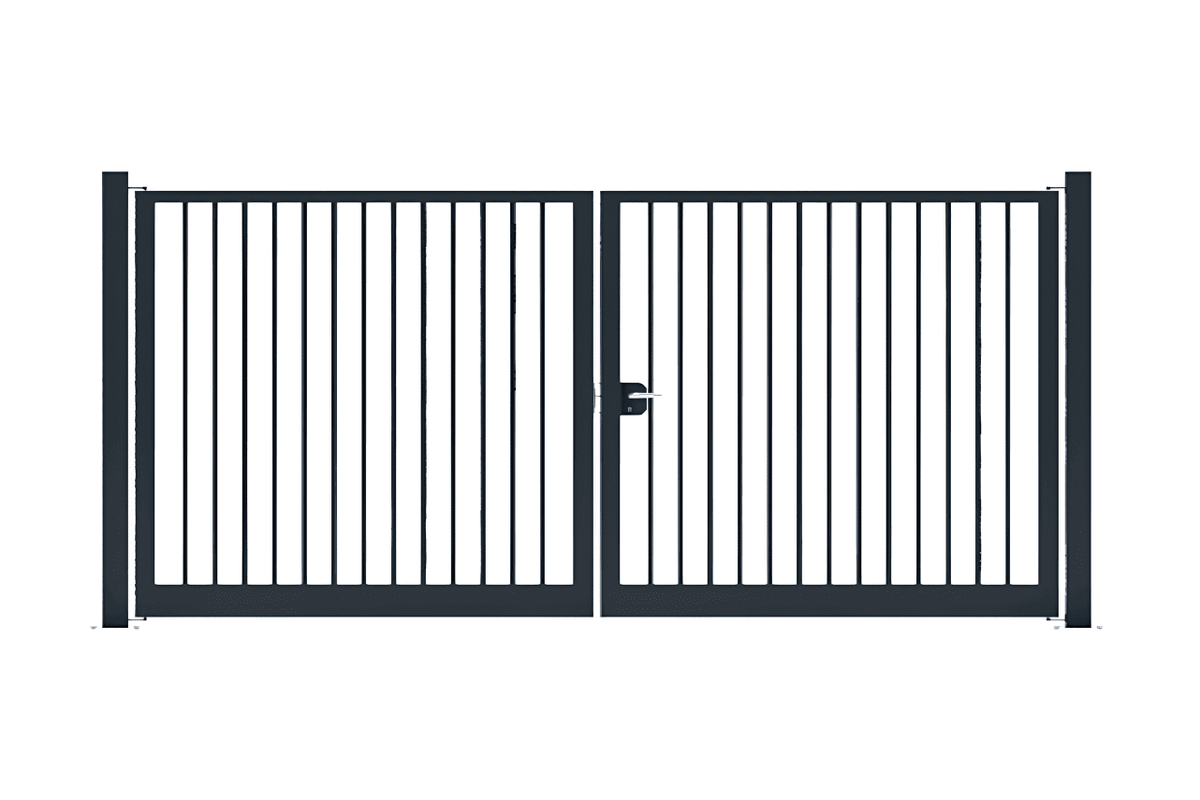 Portail battant en acier industriel avec barreaudage rond gris anthracite