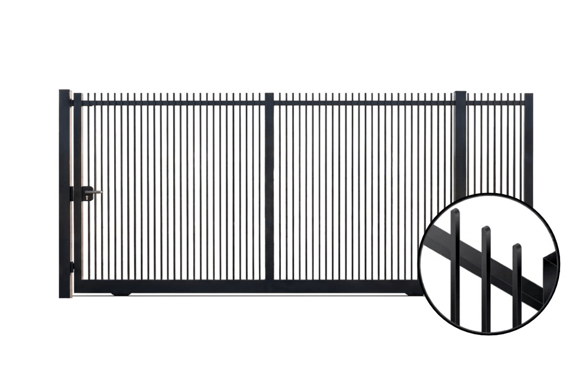 Portail coulissant en acier industriel avec barreaux plats gris anthracite