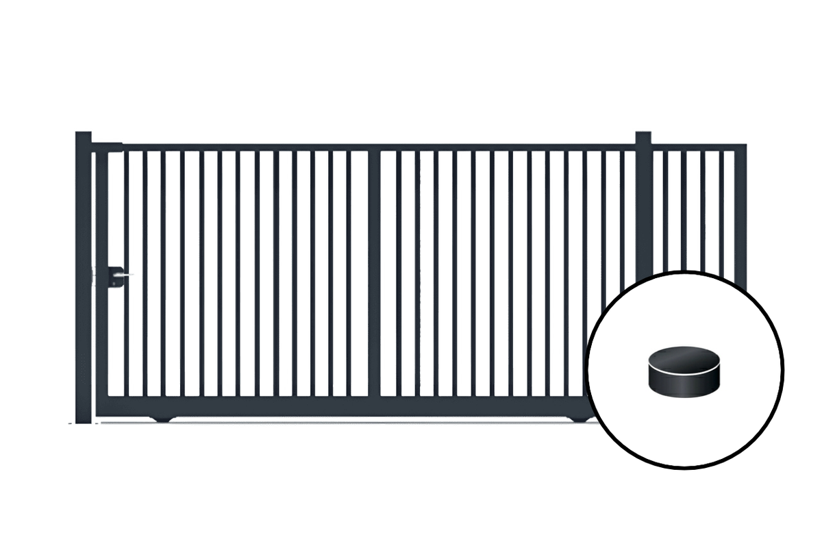 Portail coulissant en acier industriel avec barreaudage rond gris anthracite