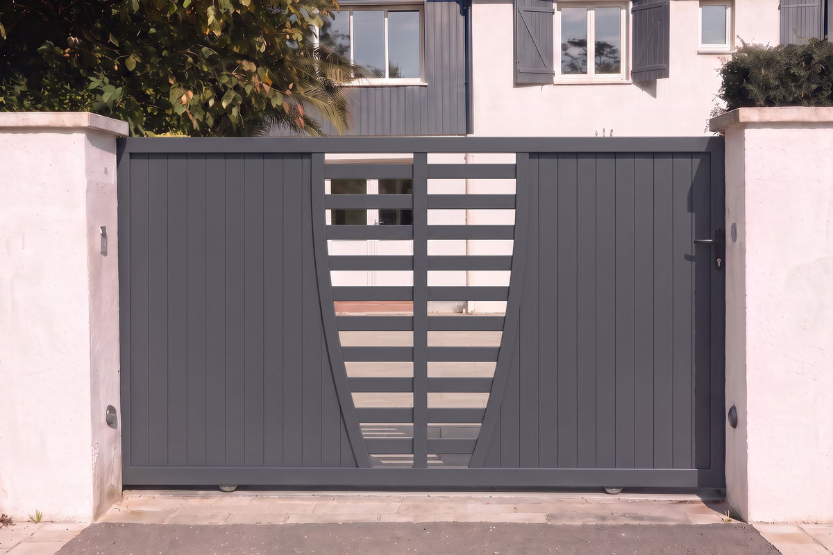 Portail coulissant avec décoration arrondie gris anthracite