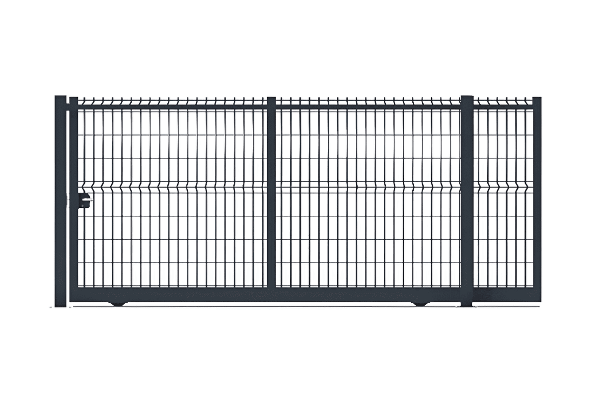 Portail coulissant en acier industriel avec grillage gris anthracite